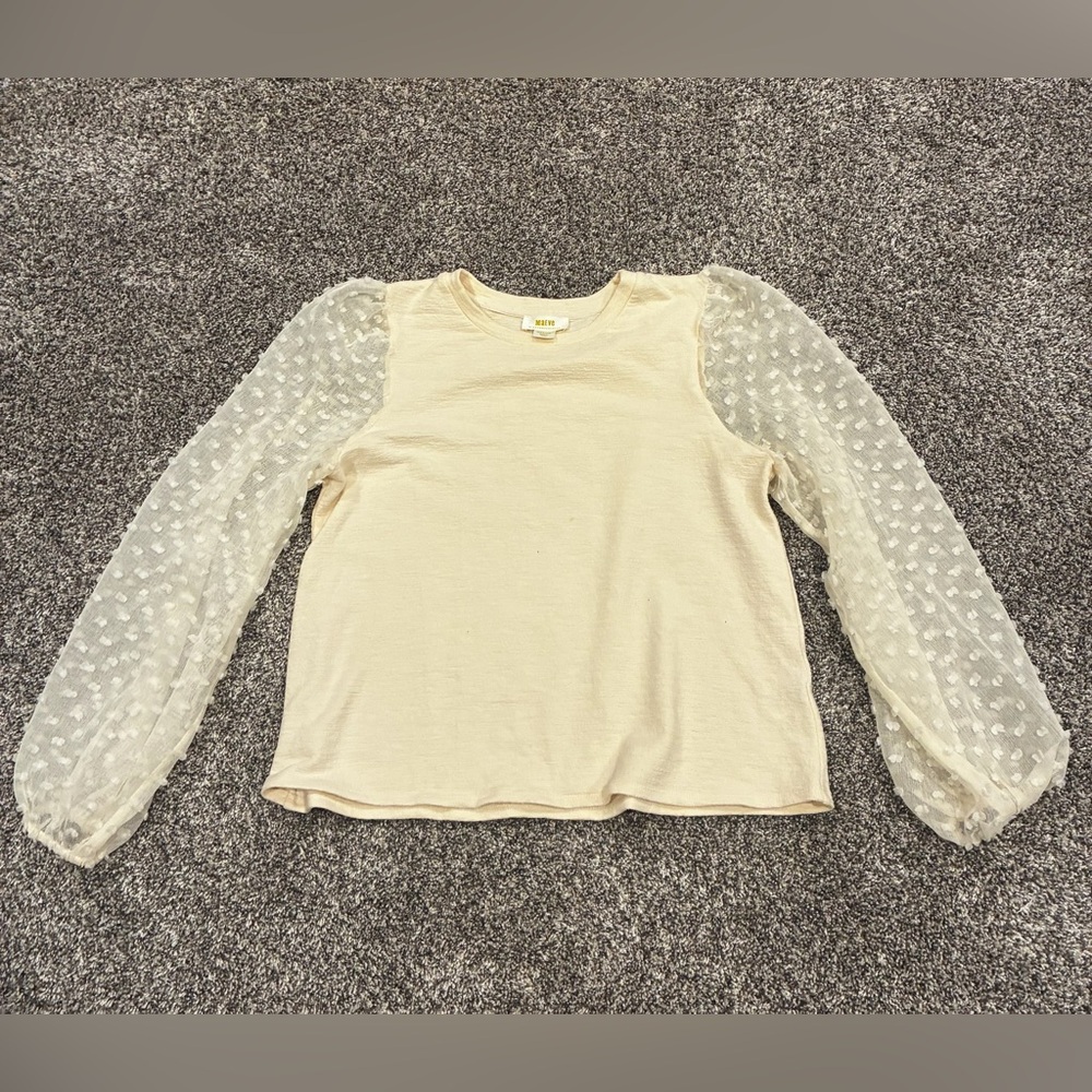 Anthropologie Cream Blouse with Sheer Textured Sleeves